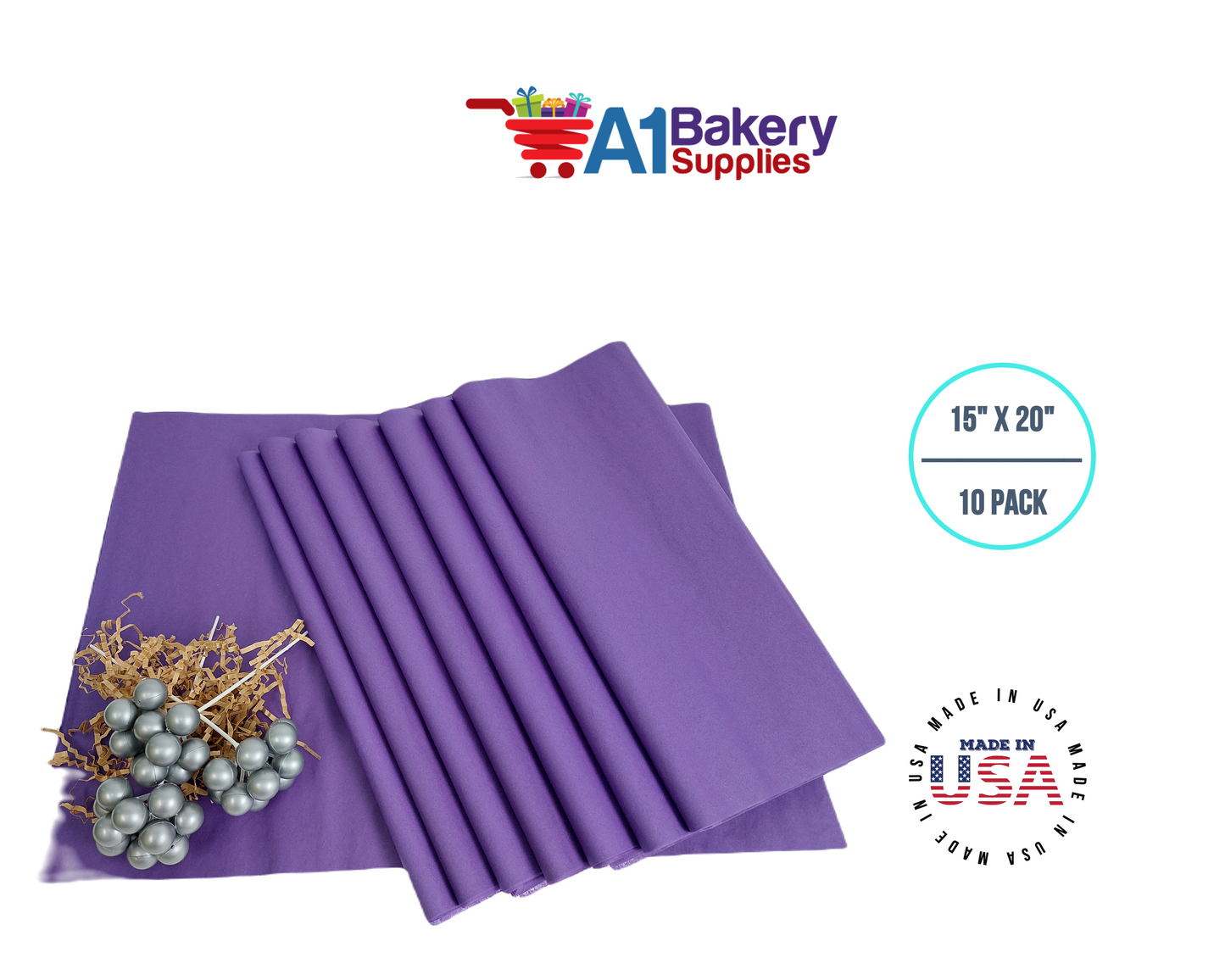 Purple Tissue Paper Squares, Bulk 10 Sheets, Premium Gift Wrap and Art Supplies for Birthdays, Holidays, or Presents by A1BakerySupplies, Large 15 Inch x 20 Inch