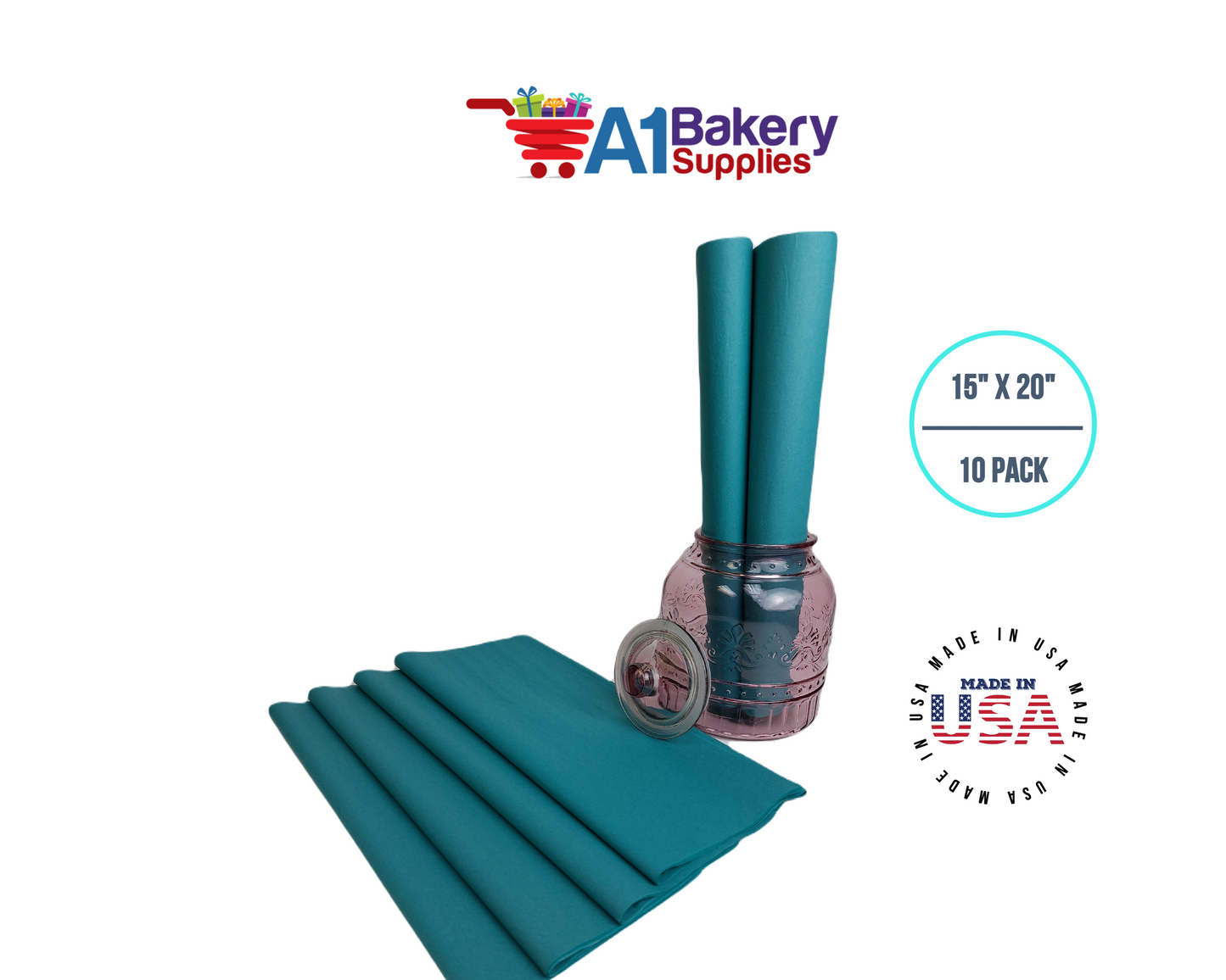 Teal Tissue Paper Squares, Bulk 10 Sheets, Premium Gift Wrap and Art Supplies for Birthdays, Holidays, or Presents by A1BakerySupplies, Small 15 Inch x 20 Inch