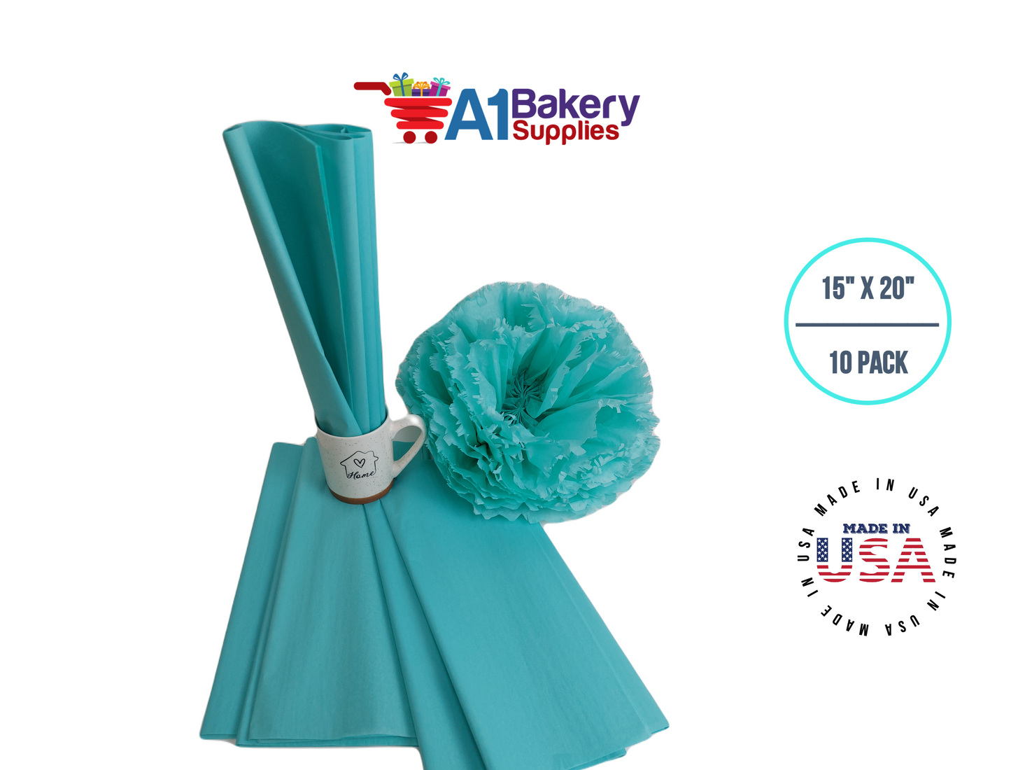 Aqua Blue Tissue Paper Squares, Bulk 10 Sheets, Premium Gift Wrap and Art Supplies for Birthdays, Holidays, or Presents by A1BakerySupplies, Small 15 Inch x 20 Inch