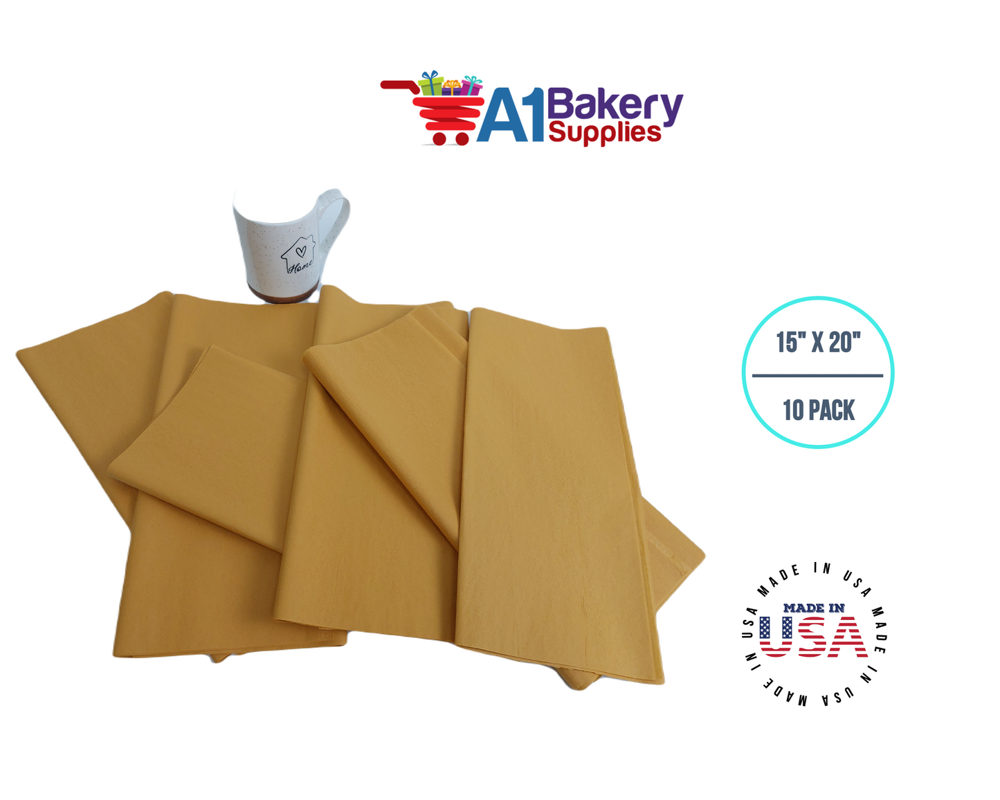 Noble gold Tissue Paper Squares, Bulk 10 Sheets, Premium Gift Wrap and Art Supplies for Birthdays, Holidays, or Presents by A1BakerySupplies, Large 15 Inch x 20 Inch