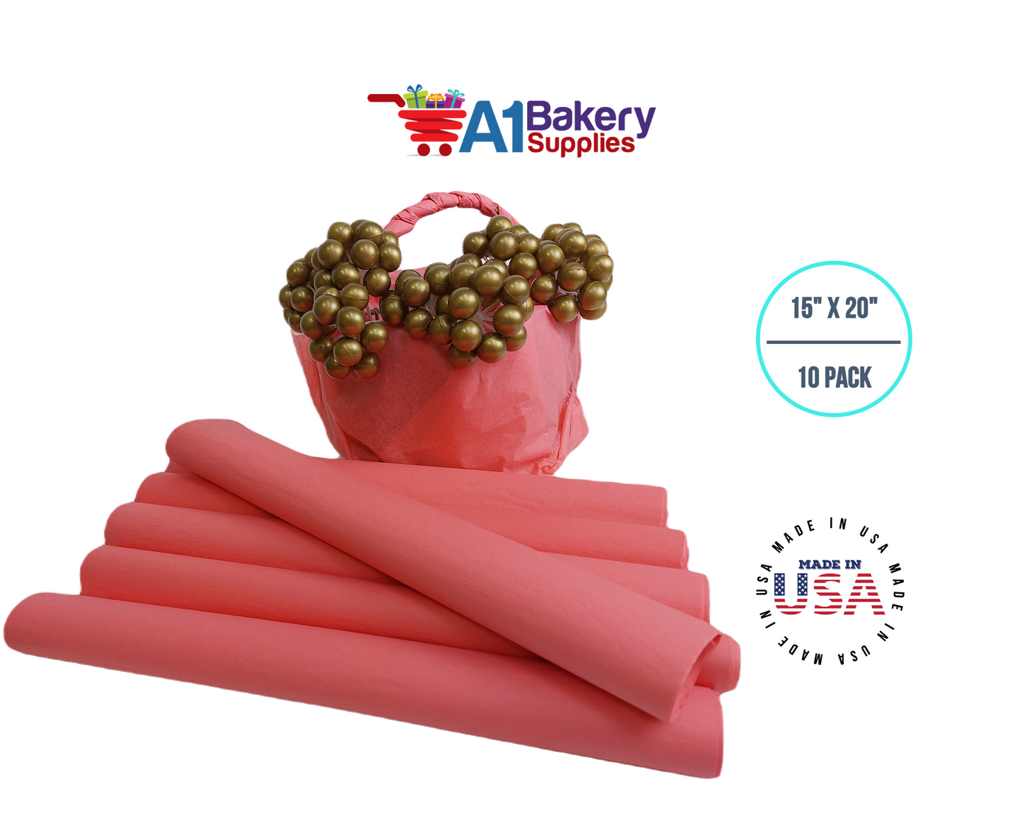 Coral Rose Tissue Paper Squares, Bulk 10 Sheets, Premium Gift Wrap and Art Supplies for Birthdays, Holidays, or Presents by A1BakerySupplies, Small 15 Inch x 20 Inch