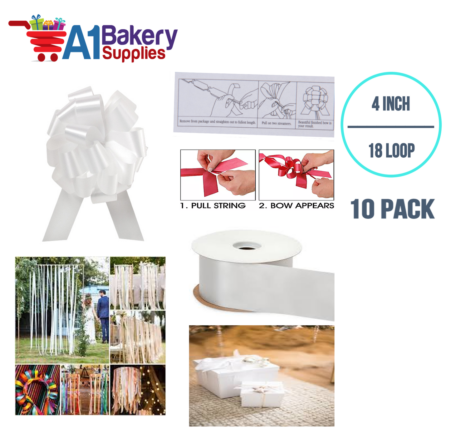 A1BakerySupplies 10 Pieces Pull Bow for Gift Wrapping Gift Bows Pull Bow With Ribbon for Wedding Gift Baskets, 4 Inch 18 Loop White Flora Satin Color