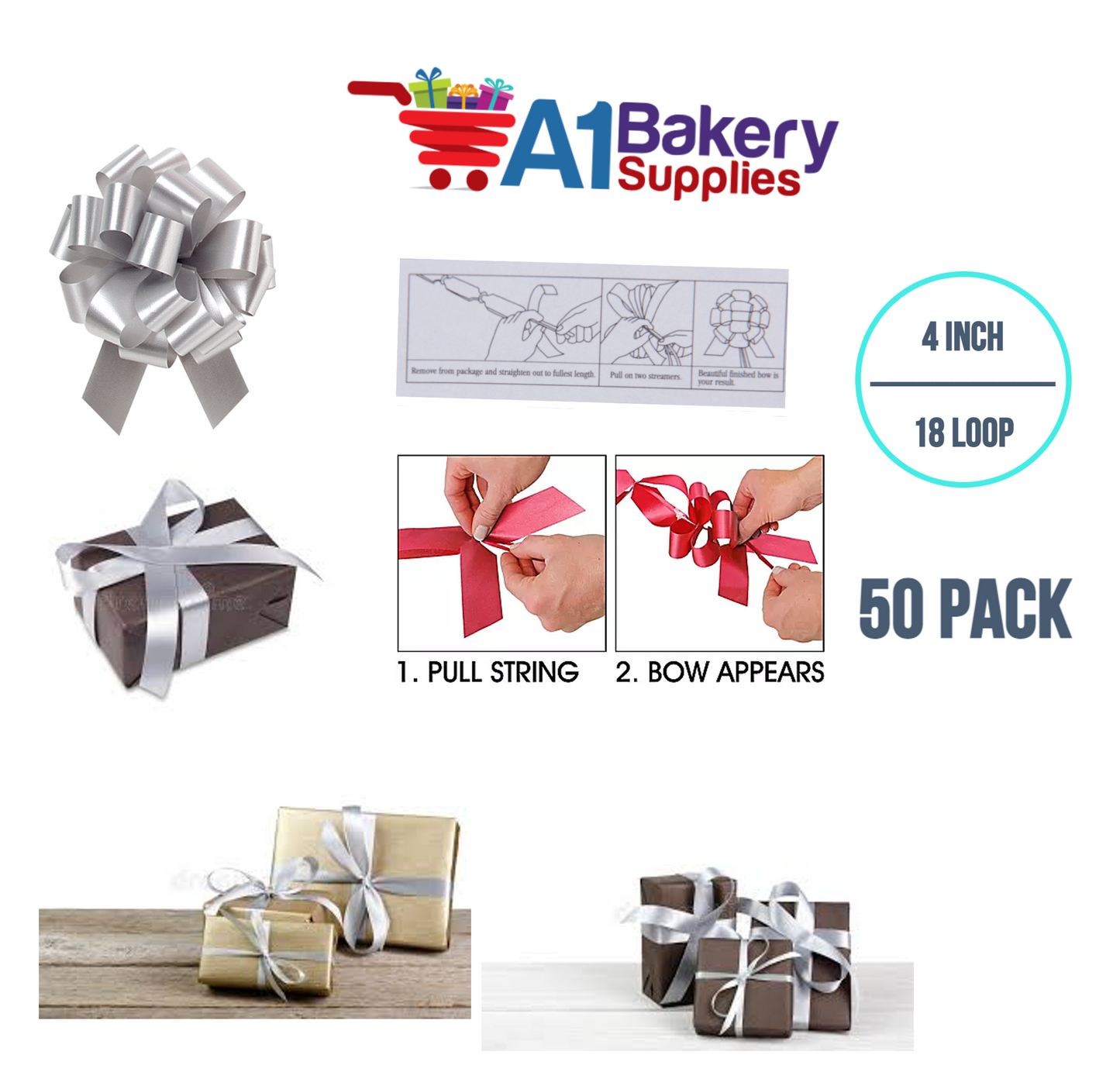 A1BakerySupplies 50 Pieces Pull Bow for Gift Wrapping Gift Bows Pull Bow With Ribbon for Wedding Gift Baskets, 4 Inch 18 Loop Silver Flora Satin Color