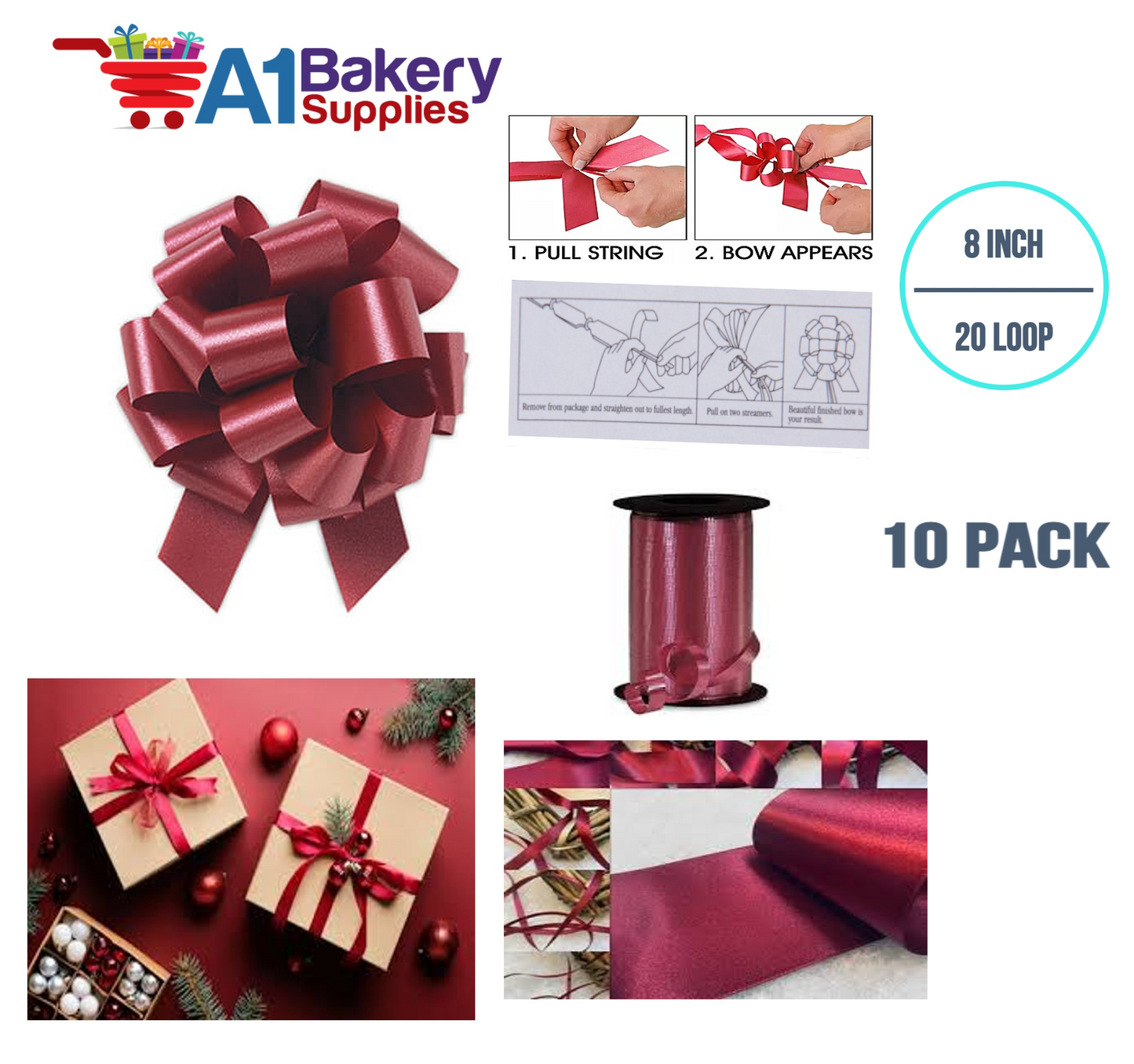 A1BakerySupplies 10 Pieces Pull Bow for Gift Wrapping Gift Bows Pull Bow With Ribbon for Wedding Gift Baskets, 8 Inch 20 Loop Marsala Maroon Flora Satin Color