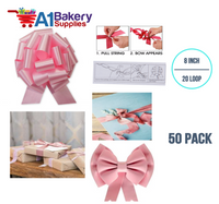 A1BakerySupplies 50 Pieces Pull Bow for Gift Wrapping Gift Bows Pull Bow With Ribbon for Wedding Gift Baskets, 8 Inch 20 Loop in Pink Flora Satin Color