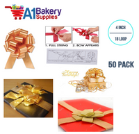 A1BakerySupplies 50 Pieces Pull Bow for Gift Wrapping Gift Bows Pull Bow With Ribbon for Wedding Gift Baskets, 4 Inch 18 Loop Gold Flora Satin Color
