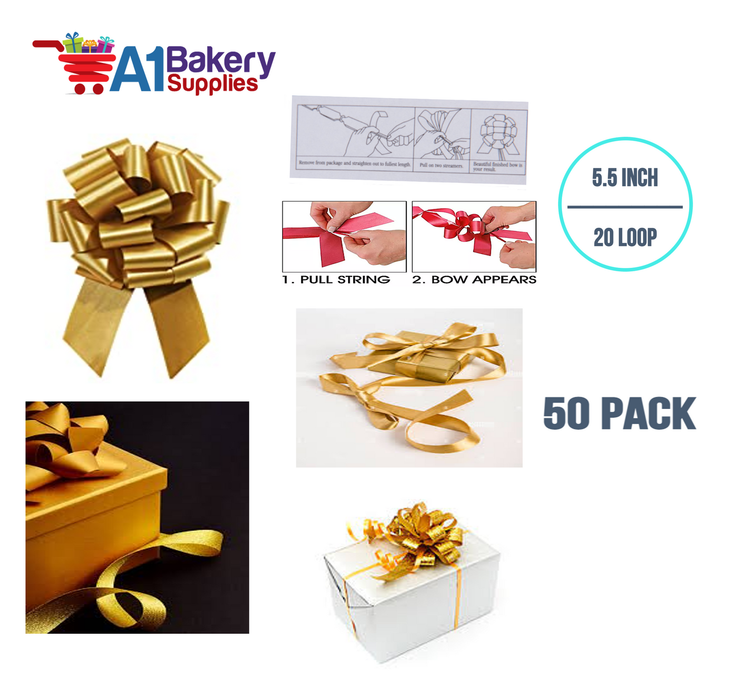 A1BakerySupplies 50 Pieces Pull Bow for Gift Wrapping Gift Bows Pull Bow With Ribbon for Wedding Gift Baskets, 5.5 Inch 20 Loop in Antique Gold Color