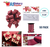 A1BakerySupplies 50 Pieces Pull Bow for Gift Wrapping Gift Bows Pull Bow With Ribbon for Wedding Gift Baskets, 8 Inch 20 Loop Marsala Maroon Flora Satin Color