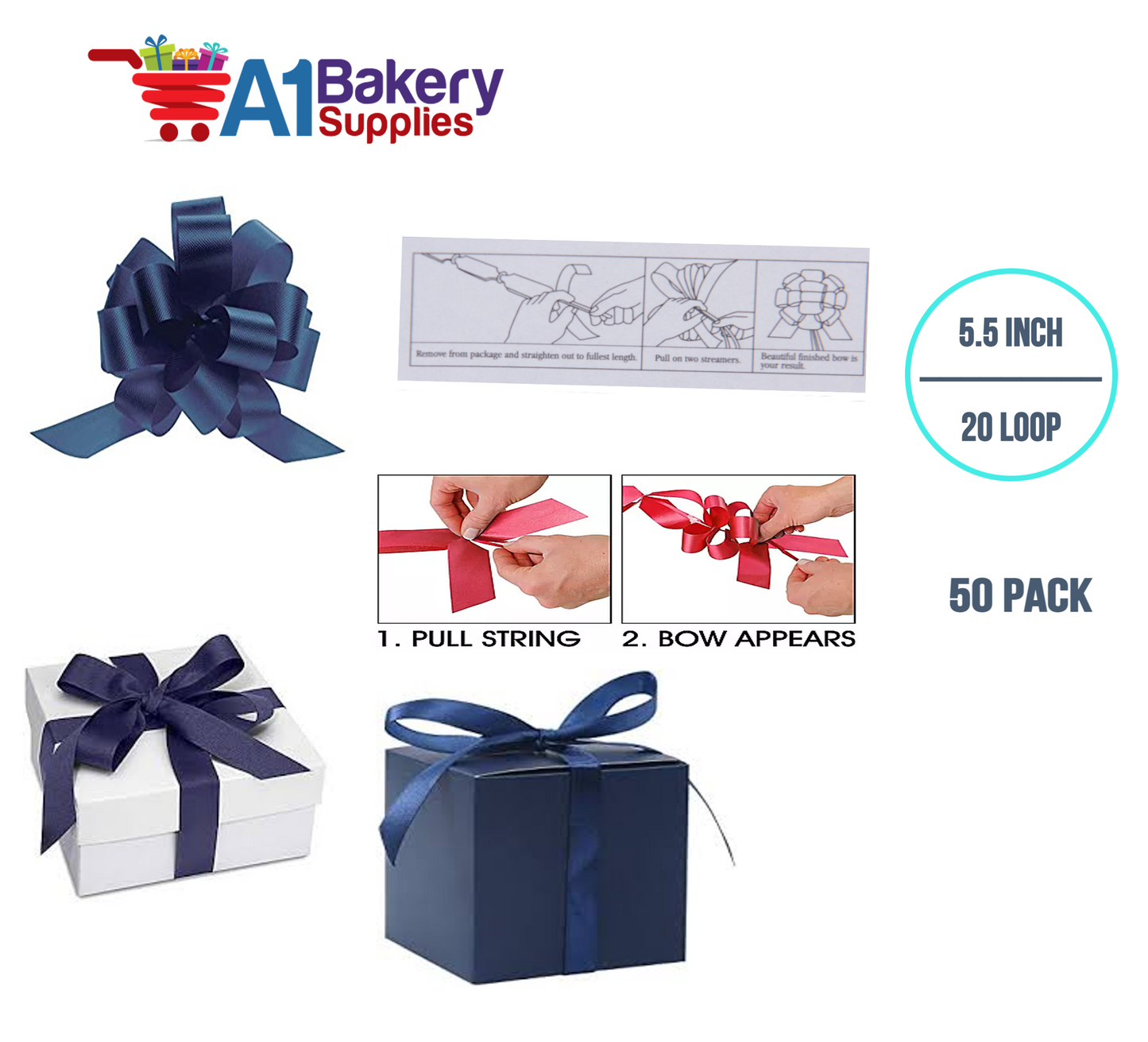 A1BakerySupplies 50 Pieces Pull Bow for Gift Wrapping Gift Bows Pull Bow With Ribbon for Wedding Gift Baskets, 5.5 Inch 20 Loop in Navy Blue Color