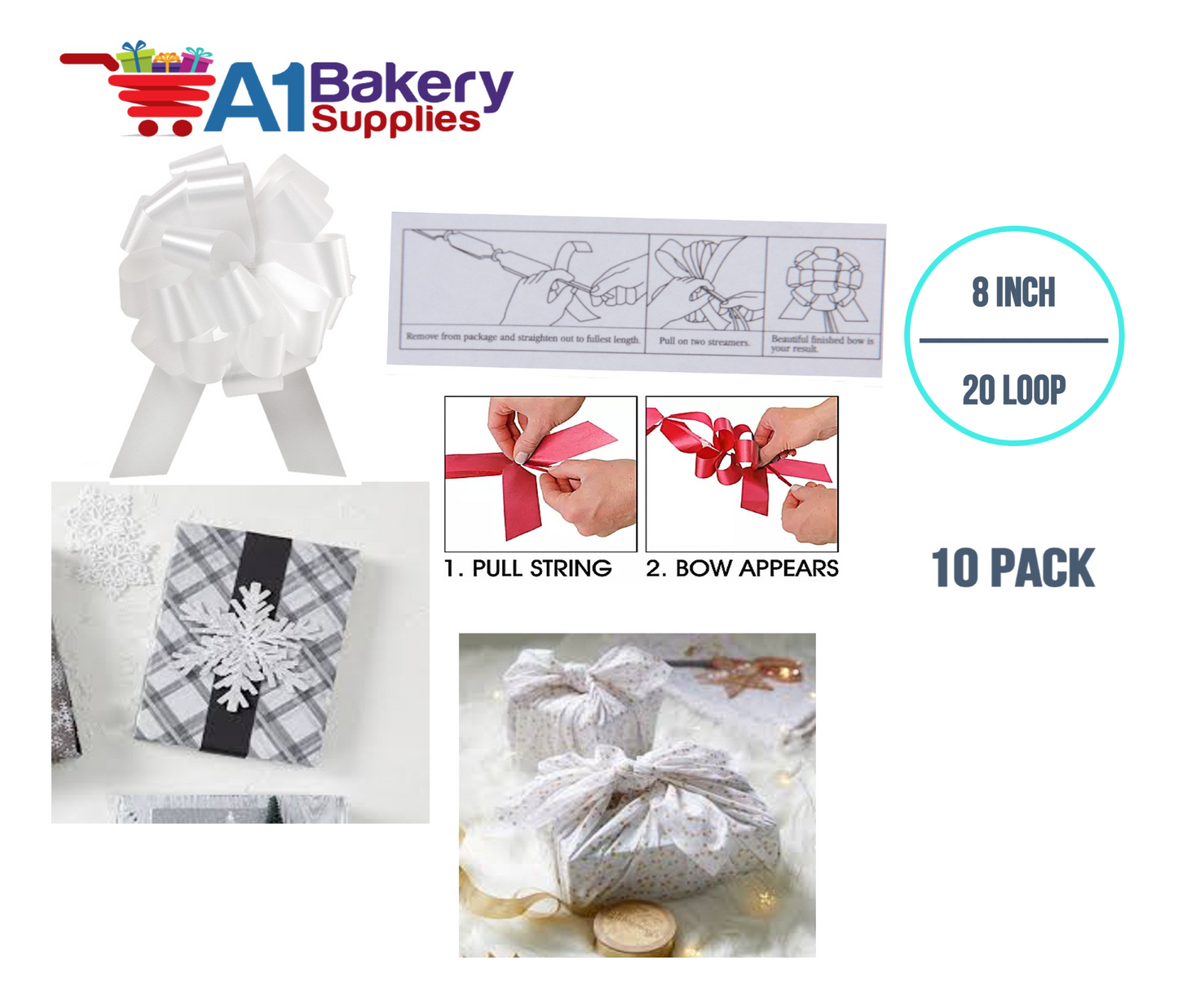 A1BakerySupplies 10 Pieces Pull Bow for Gift Wrapping Gift Bows Pull Bow With Ribbon for Wedding Gift Baskets, 8 Inch 20 Loop in White Flora Satin Color