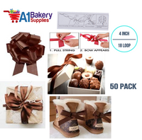 A1BakerySupplies 50 Pieces Pull Bow for Gift Wrapping Gift Bows Pull Bow With Ribbon for Wedding Gift Baskets, 4 Inch 18 Loop Chocolate Flora Satin Color