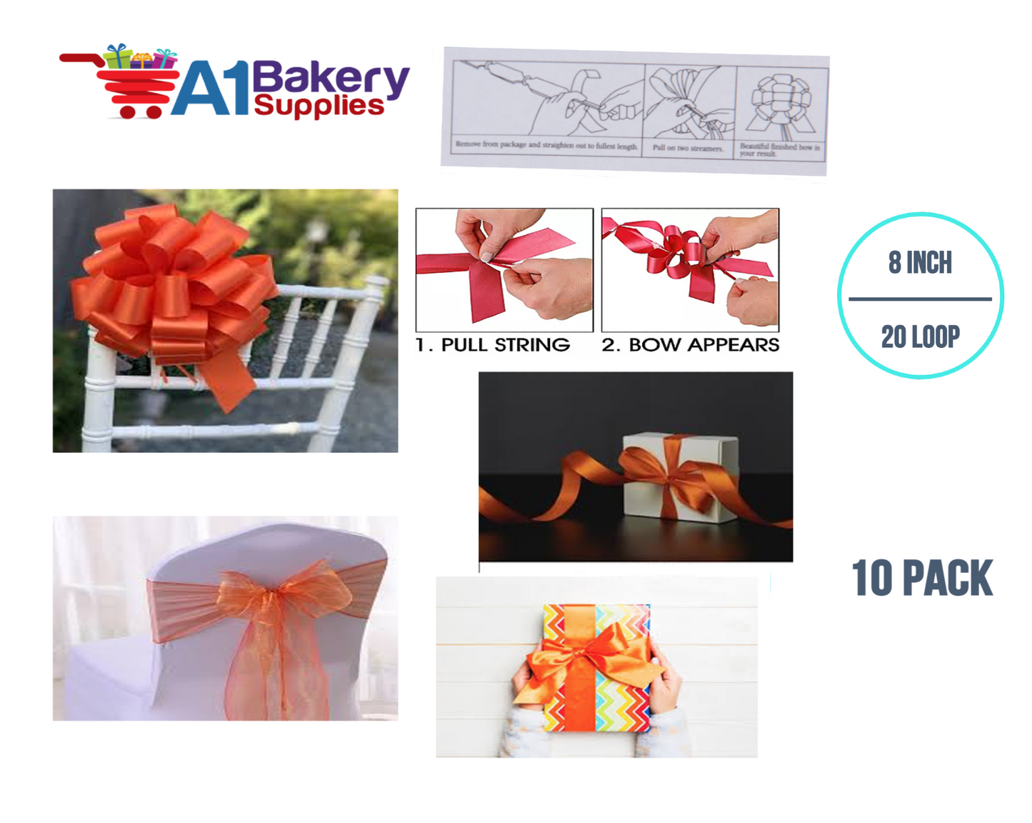 A1BakerySupplies 10 Pieces Pull Bow for Gift Wrapping Gift Bows Pull Bow With Ribbon for Wedding Gift Baskets, 8 Inch 20 Loop Tropical Orange Flora Satin Color