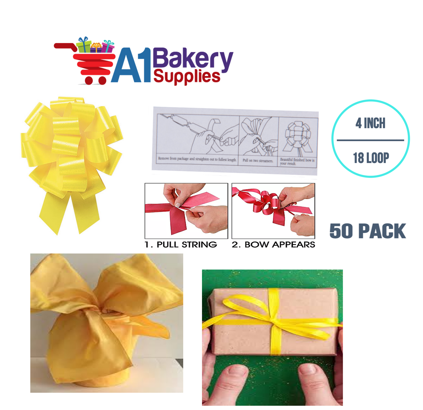 A1BakerySupplies 50 Pieces Pull Bow for Gift Wrapping Gift Bows Pull Bow With Ribbon for Wedding Gift Baskets, 4 Inch 18 Loop Yellow Daffodil Flora Satin Color