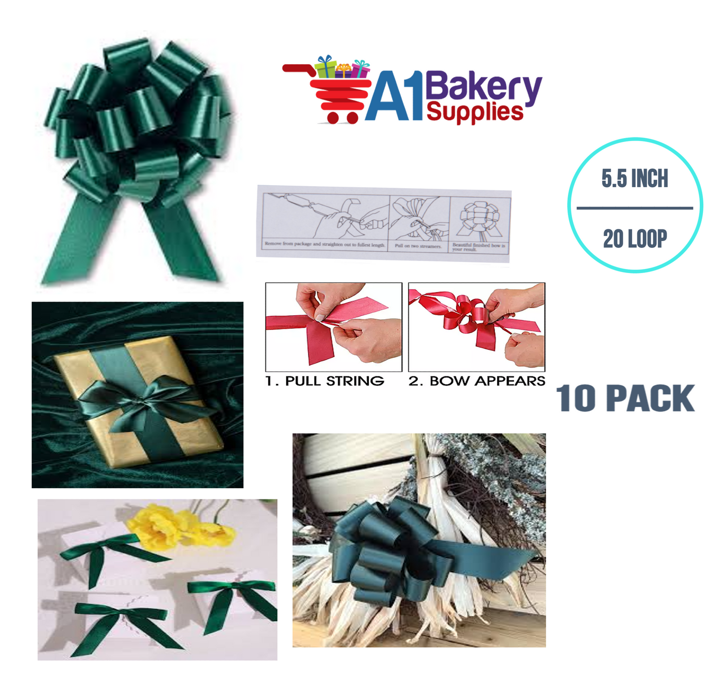 A1BakerySupplies 10 Pieces Pull Bow for Gift Wrapping Gift Bows Pull Bow With Ribbon for Wedding Gift Baskets, 5.5 Inch 20 Loop in Hunter Green Color