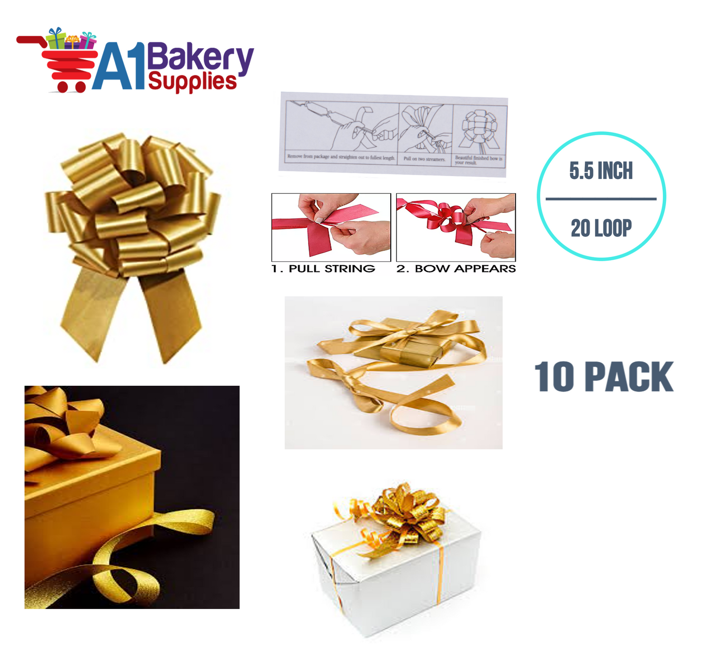 A1BakerySupplies 10 Pieces Pull Bow for Gift Wrapping Gift Bows Pull Bow With Ribbon for Wedding Gift Baskets, 5.5 Inch 20 Loop in Antique Gold Color