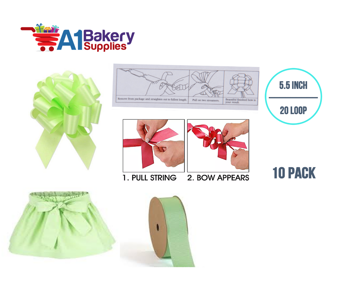 A1BakerySupplies 10 Pieces Pull Bow for Gift Wrapping Gift Bows Pull Bow With Ribbon for Wedding Gift Baskets, 5.5 Inch 20 loop in Celery Color