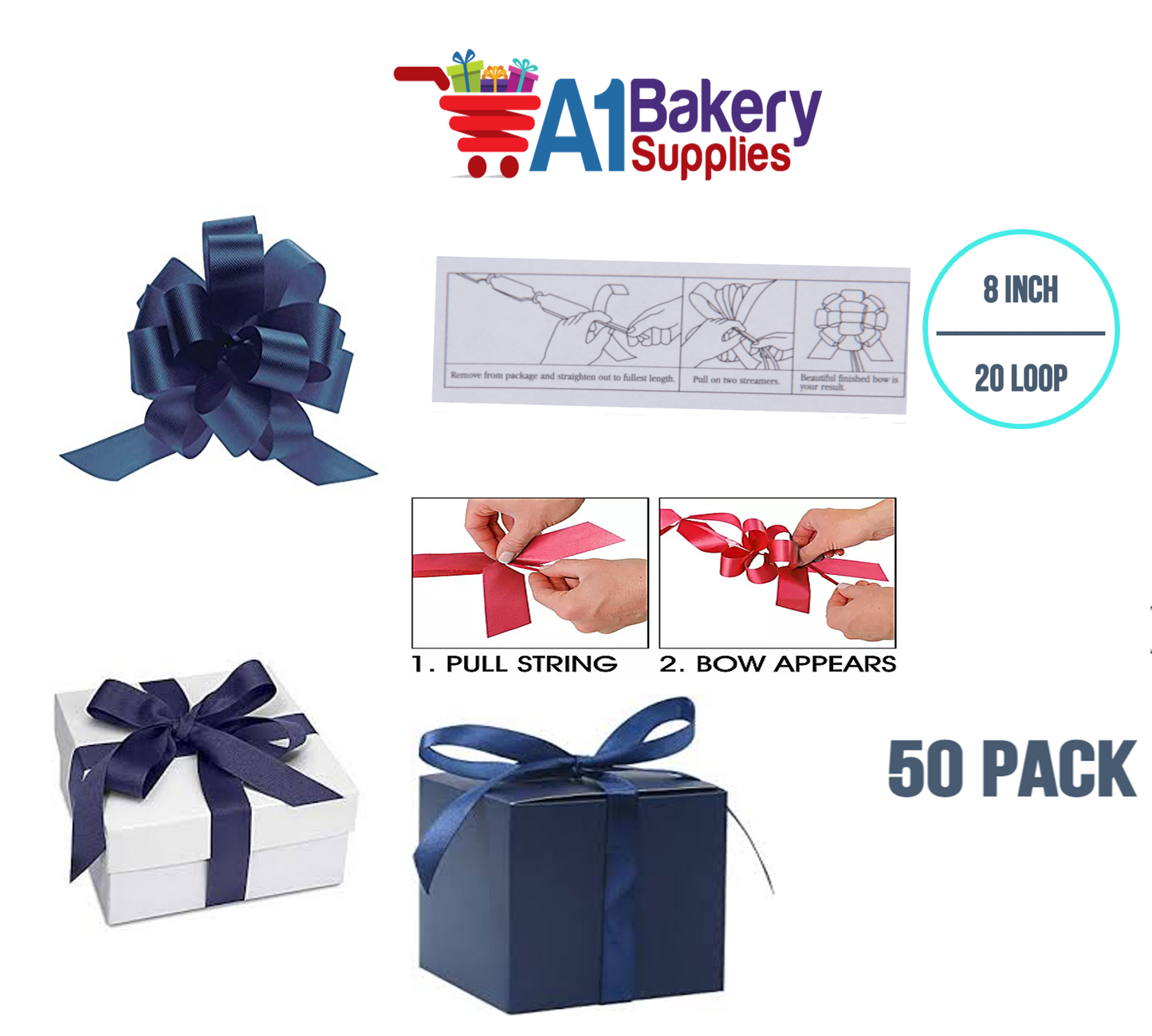 A1BakerySupplies 50 Pieces Pull Bow for Gift Wrapping Gift Bows Pull Bow With Ribbon for Wedding Gift Baskets, 8 Inch 20 Loop Navy Blue Flora Satin Color