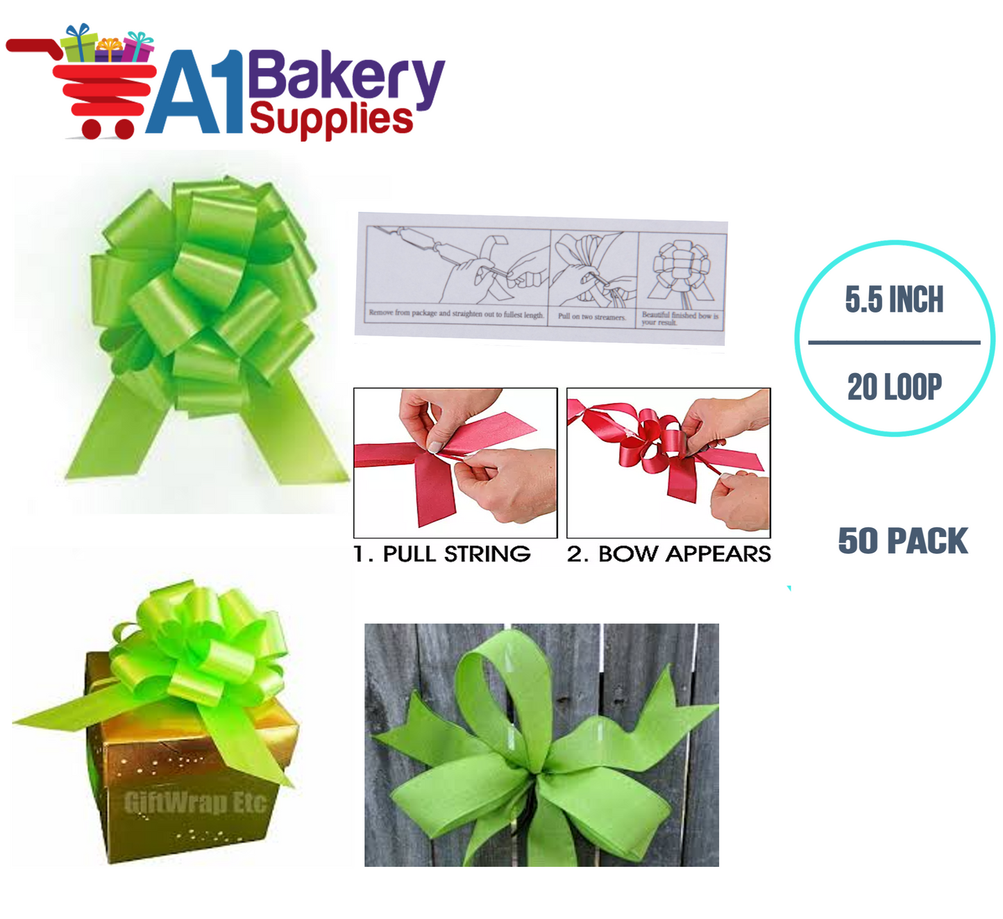 A1BakerySupplies 50 Pieces Pull Bow for Gift Wrapping Gift Bows Pull Bow With Ribbon for Wedding Gift Baskets, 5.5 Inch 20 Loop in Lime Green Color