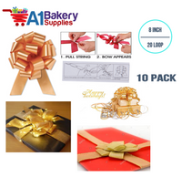 A1BakerySupplies 10 Pieces Pull Bow for Gift Wrapping Gift Bows Pull Bow With Ribbon for Wedding Gift Baskets, 8 Inch 20 Loop Gold Flora Satin Color