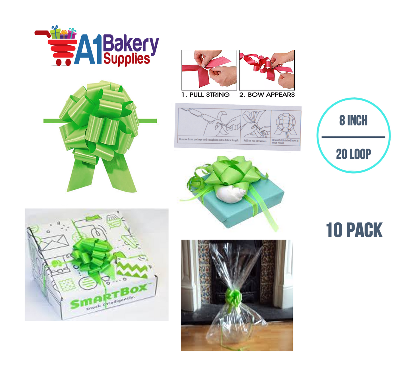 A1BakerySupplies 10 Pieces Pull Bow for Gift Wrapping Gift Bows Pull Bow With Ribbon for Wedding Gift Baskets, 8 Inch 20 Loop Citrus Green Flora Satin Color