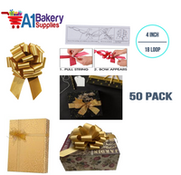 A1BakerySupplies 50 Pieces Pull Bow for Gift Wrapping Gift Bows Pull Bow With Ribbon for Wedding Gift Baskets, 4 Inch 18 Loop Holiday Gold Flora Satin Color