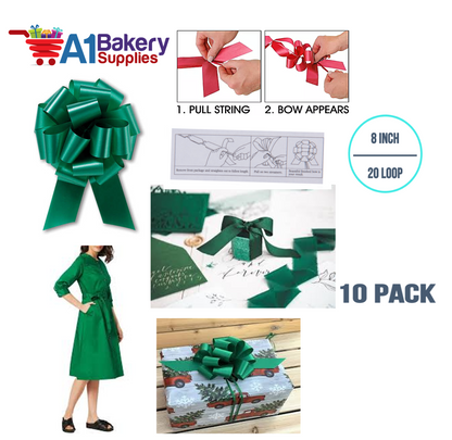 A1BakerySupplies 10 Pieces Pull Bow for Gift Wrapping Gift Bows Pull Bow With Ribbon for Wedding Gift Baskets, 8 Inch 20 Loop Emerald Green Flora Satin Color