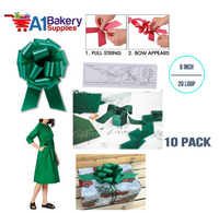 A1BakerySupplies 10 Pieces Pull Bow for Gift Wrapping Gift Bows Pull Bow With Ribbon for Wedding Gift Baskets, 8 Inch 20 Loop Emerald Green Flora Satin Color