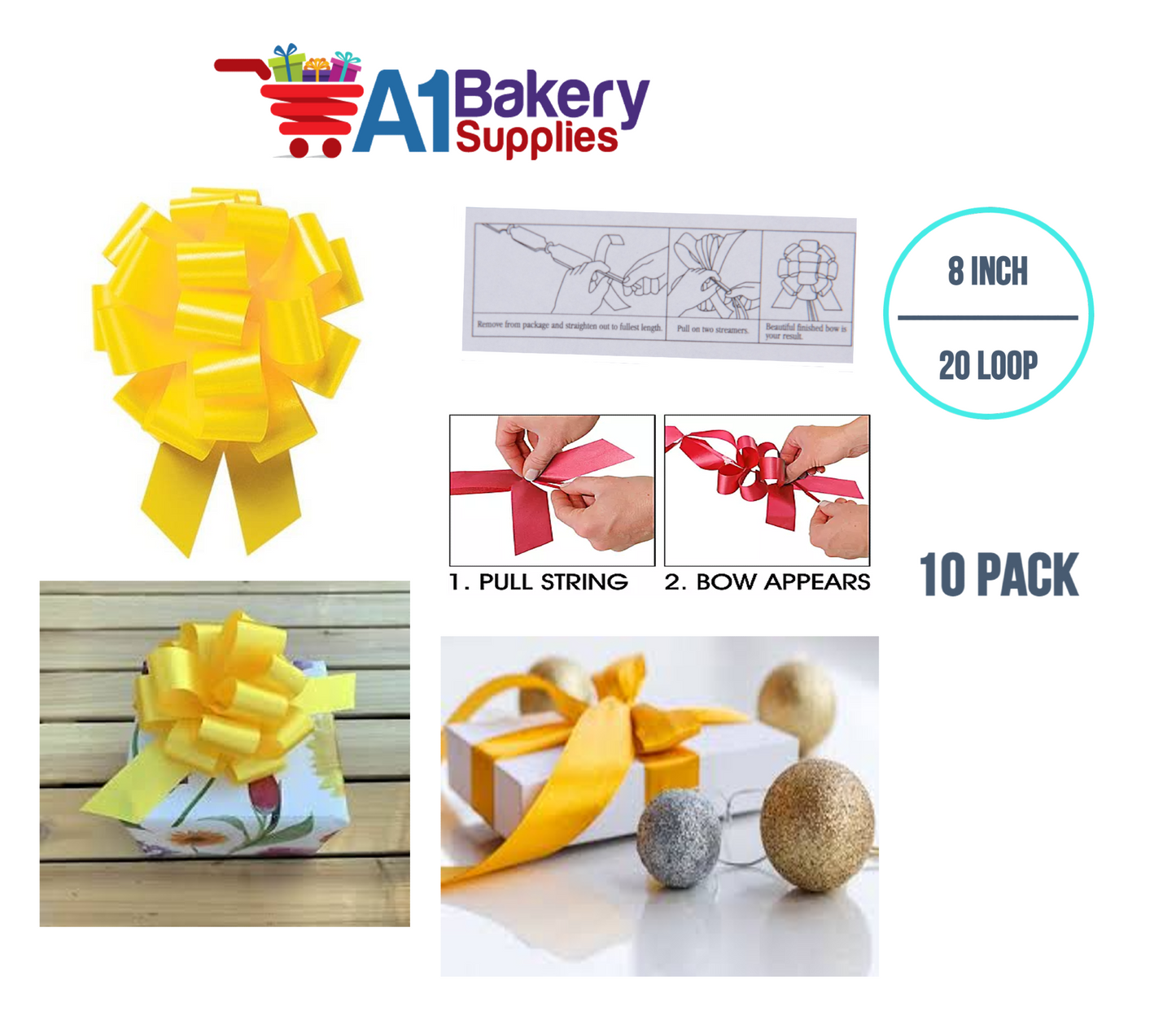 A1BakerySupplies 10 Pieces Pull Bow for Gift Wrapping Gift Bows Pull Bow With Ribbon for Wedding Gift Baskets, 8 Inch 20 Loop Yellow Daffodil Flora Satin Color