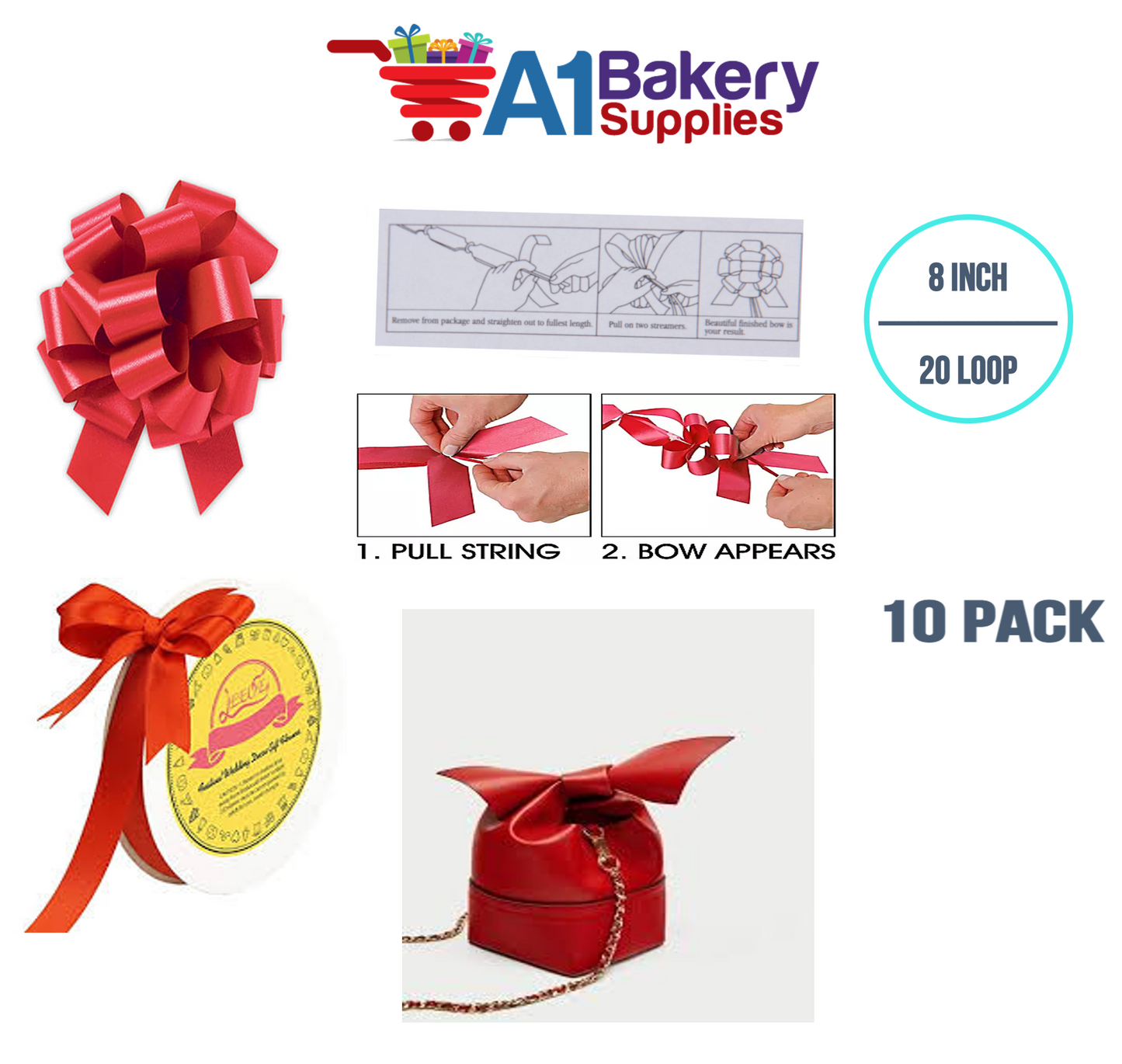 A1BakerySupplies 10 Pieces Pull Bow for Gift Wrapping Gift Bows Pull Bow With Ribbon for Wedding Gift Baskets, 8 Inch 20 Loop in Hot Red Flora Satin Color