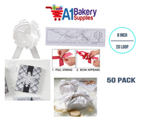 A1BakerySupplies 50 Pieces Pull Bow for Gift Wrapping Gift Bows Pull Bow With Ribbon for Wedding Gift Baskets, 8 Inch 20 Loop White Flora Satin Color