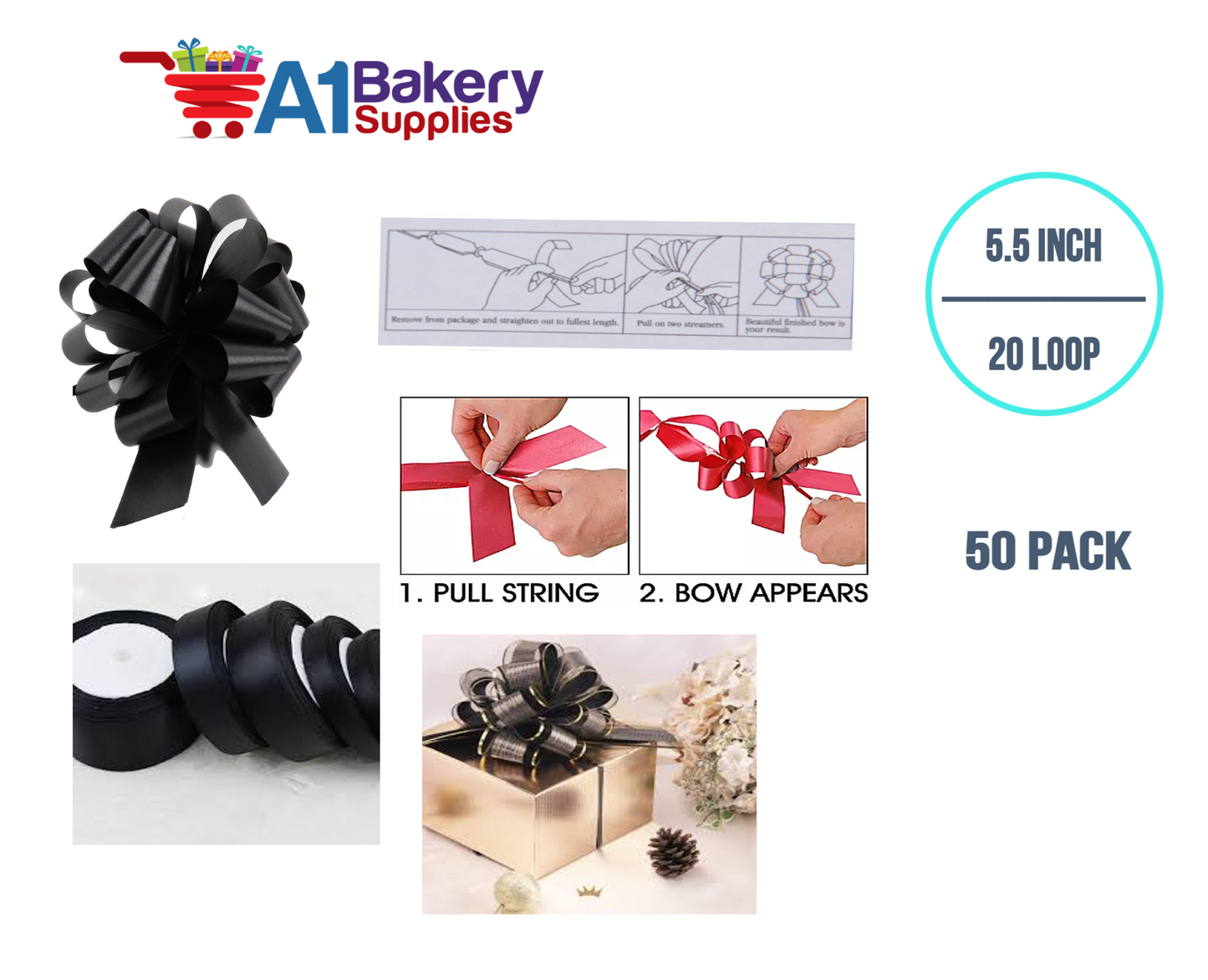 A1BakerySupplies 50 Pieces Pull Bow for Gift Wrapping Gift Bows Pull Bow With Ribbon for Wedding Gift Baskets, 5.5 Inch 20 Loop in Black Color