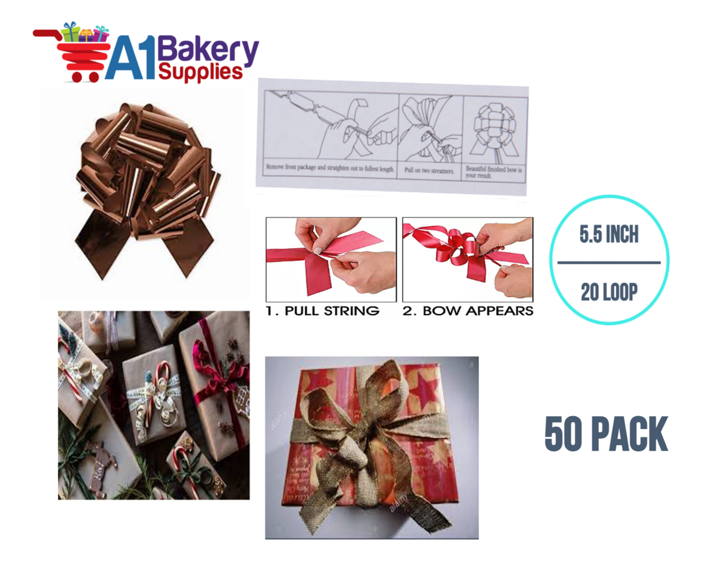 A1BakerySupplies 50 Pieces Pull Bow for Gift Wrapping Gift Bows Pull Bow With Ribbon for Wedding Gift Baskets, 5.5 Inch 20 Loop in Chocolate Color