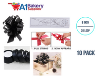A1BakerySupplies 10 Pieces Pull Bow for Gift Wrapping Gift Bows Pull Bow With Ribbon for Wedding Gift Baskets, 8 Inch 20 Loop Black Flora Satin Color
