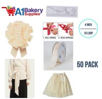 A1BakerySupplies 50 Pieces Pull Bow for Gift Wrapping Gift Bows Pull Bow With Ribbon for Wedding Gift Baskets, 4 Inch 18 Loop Ivory Eggshell Flora Satin Color