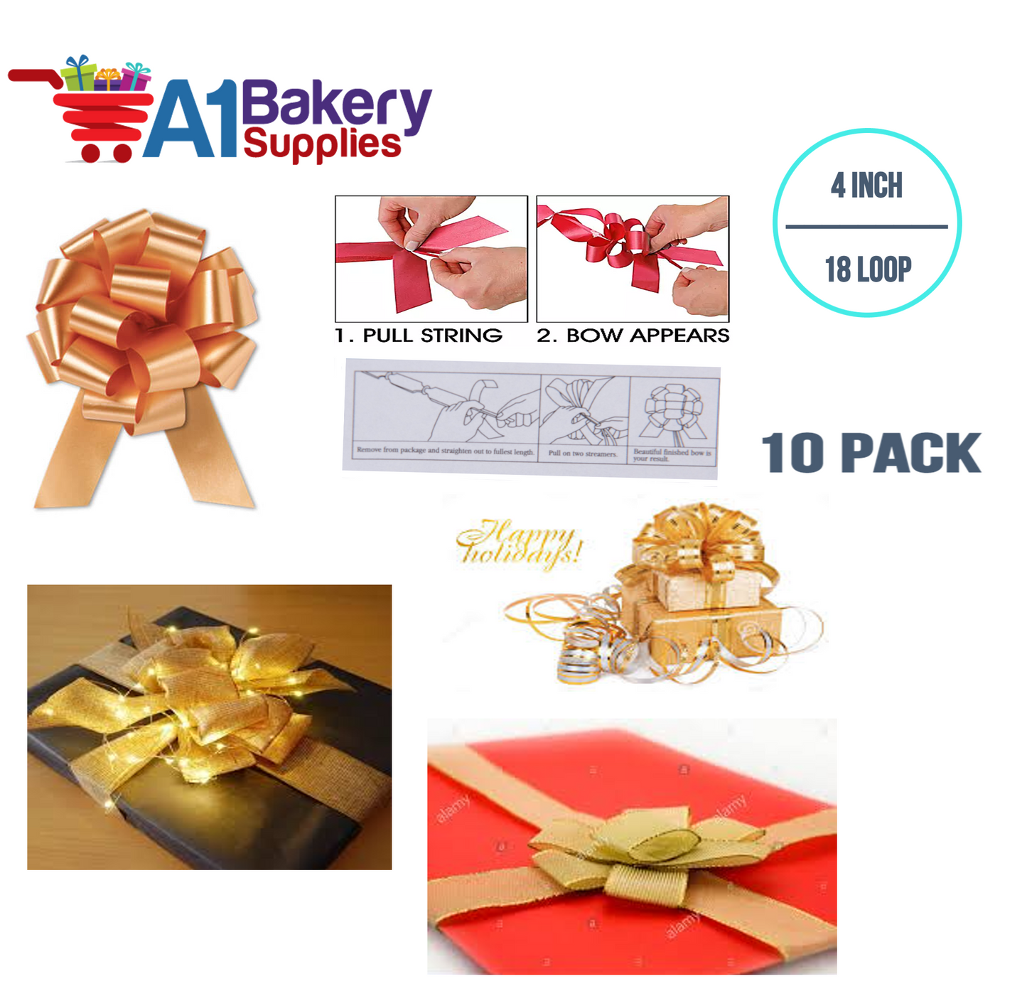 A1BakerySupplies 10 Pieces Pull Bow for Gift Wrapping Gift Bows Pull Bow With Ribbon for Wedding Gift Baskets, 4 Inch 18 Loop Gold Flora Satin Color