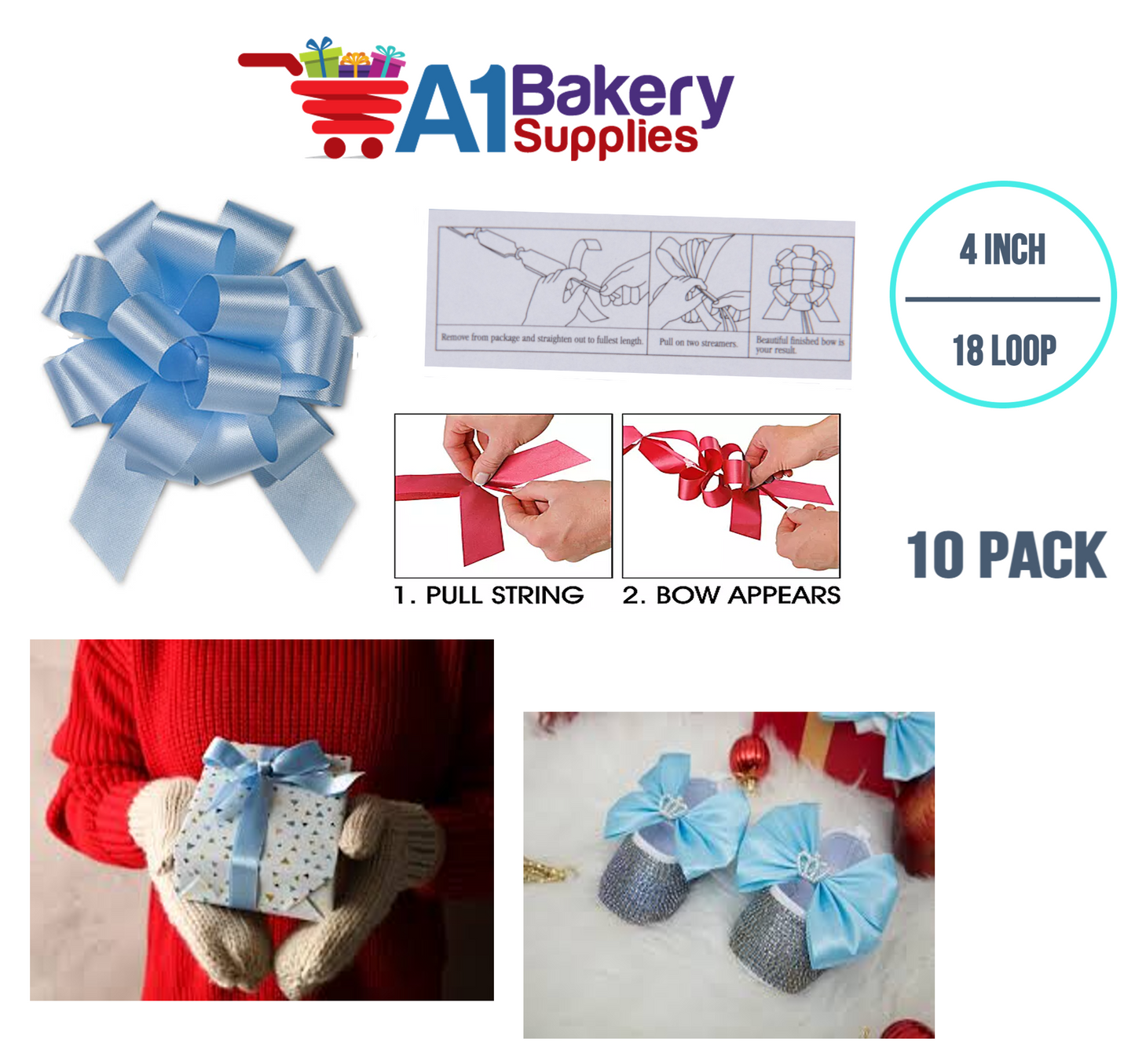A1BakerySupplies 10 Pieces Pull Bow for Gift Wrapping Gift Bows Pull Bow With Ribbon for Wedding Gift Baskets, 4 Inch 18 Loop Light Blue Flora Satin Color