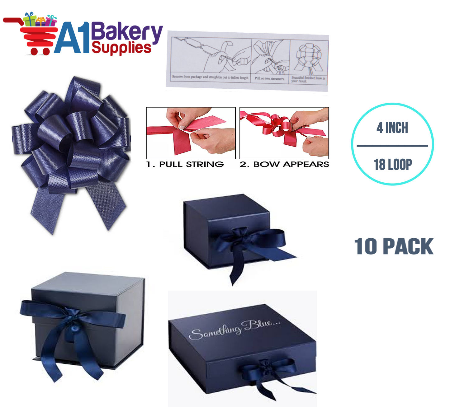 A1BakerySupplies 10 Pieces Pull Bow for Gift Wrapping Gift Bows Pull Bow With Ribbon for Wedding Gift Baskets, 4 Inch 18 Loop Navy Blue Flora Satin Color