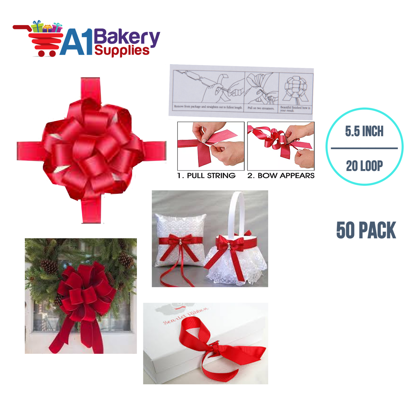 A1BakerySupplies 50 Pieces Pull Bow for Gift Wrapping Gift Bows Pull Bow With Ribbon for Wedding Gift Baskets, 5.5 Inch 20 Loop in Scarlet Red Color