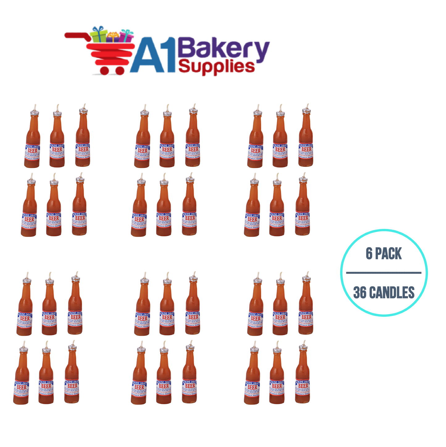 A1BakerySupplies Beer Bottle Novelty Candles 6 pack for Birthday Cake Decorations and Anniversary