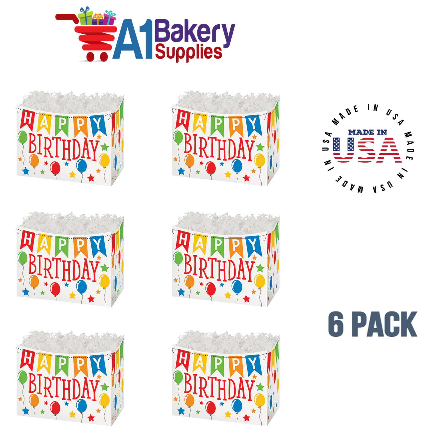 Birthday Banner Basket Box, Theme Gift Box, Large 10.25 (Length) x 6 (Width) x 7.5 (Height), 6 Pack