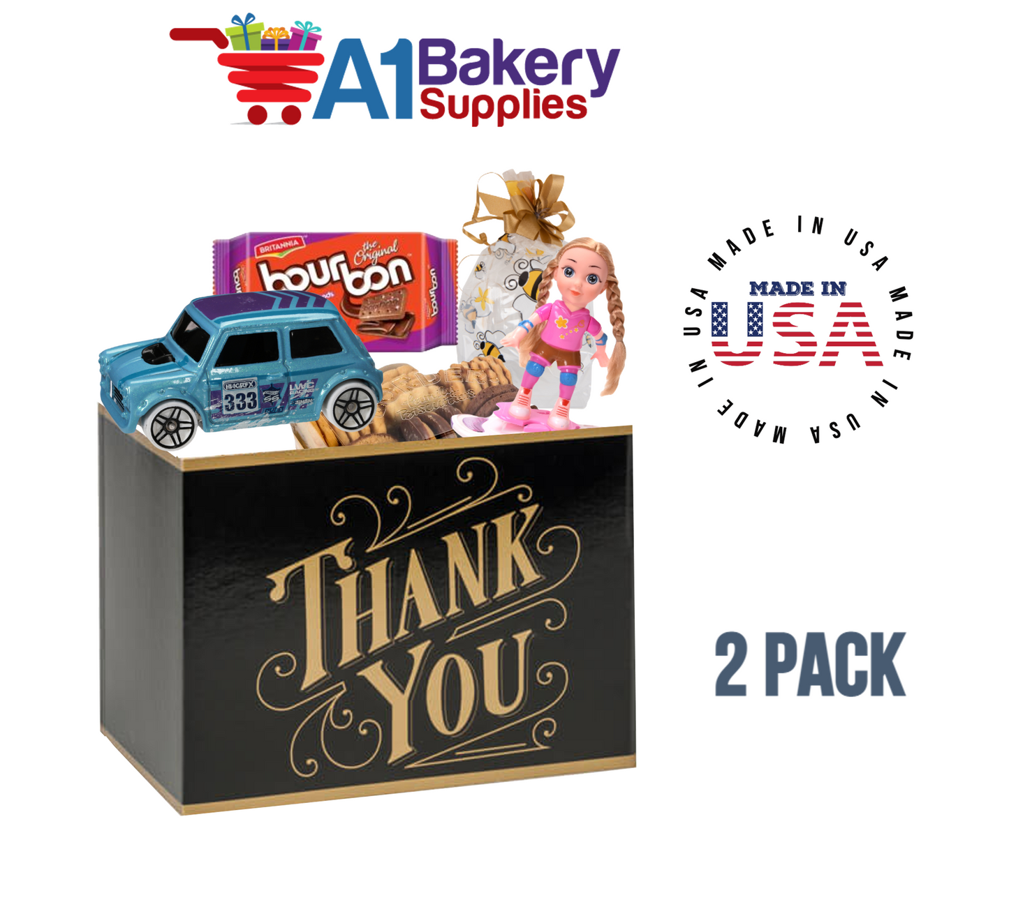 Black & Gold Thanks Basket Box, Theme Gift Box, Large 10.25 (Length) x 6 (Width) x 7.5 (Height), 2 Pack