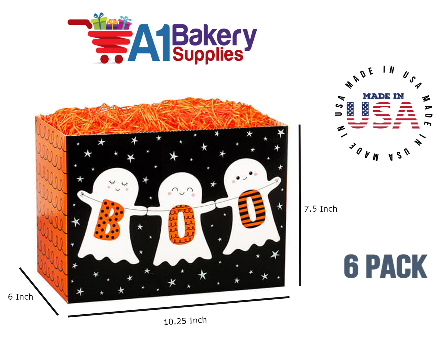 Boo Ghosts Basket Box, Theme Gift Box, Large 10.25 (Length) x 6 (Width) x 7.5 (Height), 6 Pack