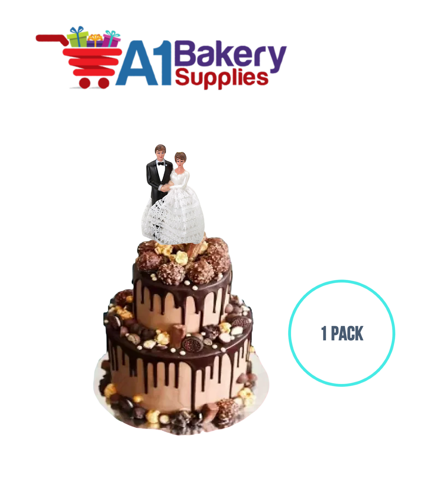 A1BakerySupplies Bride & Groom W/Lace Dress 1 pack Wedding Accessories for Birthday Cake Decorations and Marriages