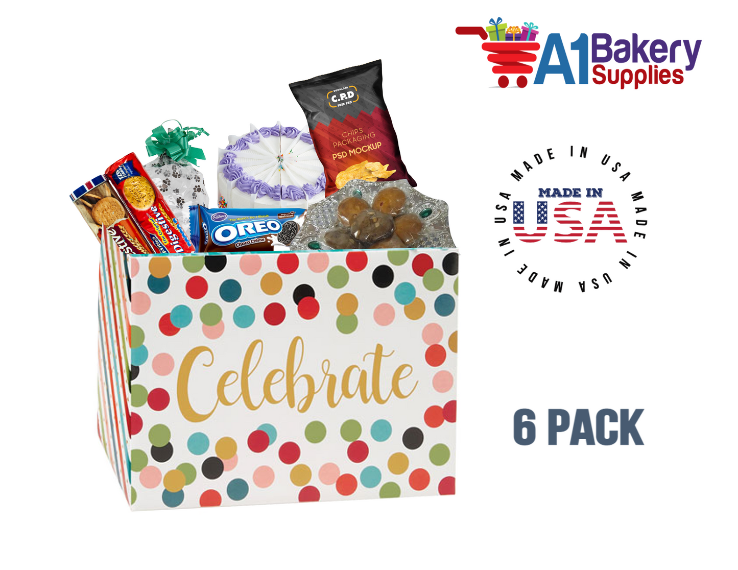 Celebrate Dots Basket Box, Theme Gift Box, Large 10.25 (Length) x 6 (Width) x 7.5 (Height), 6 Pack