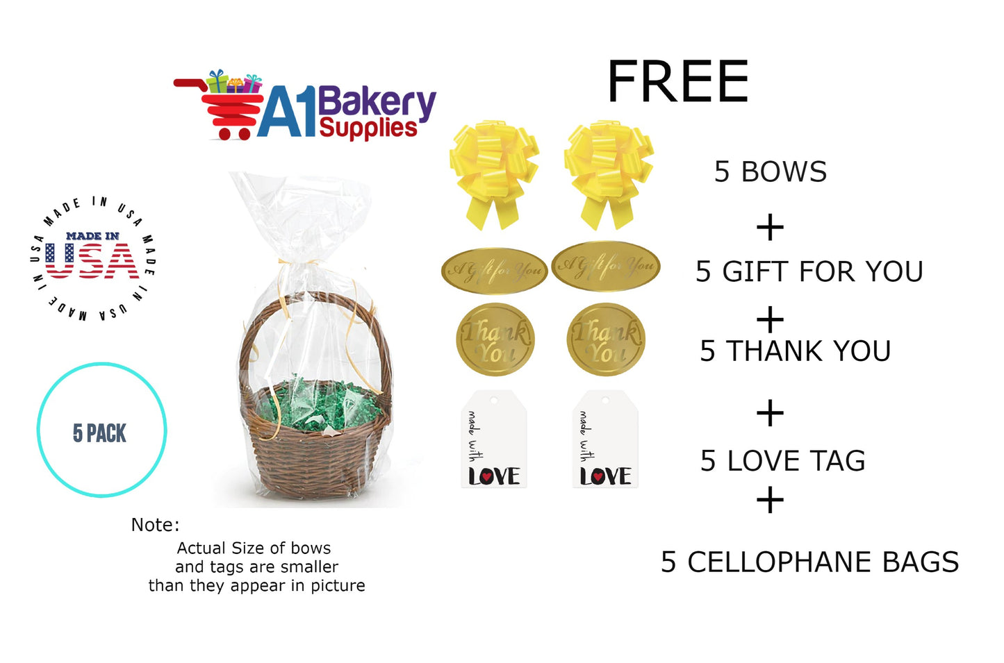 BOPP Sealable Cellophane Bags and Clear Gift Basket Wrap Packaging, 12 in x 24 in, Clear Cello Wrapping for Baby Shower, Wedding Party, or Event Giveaways, 5 Pack