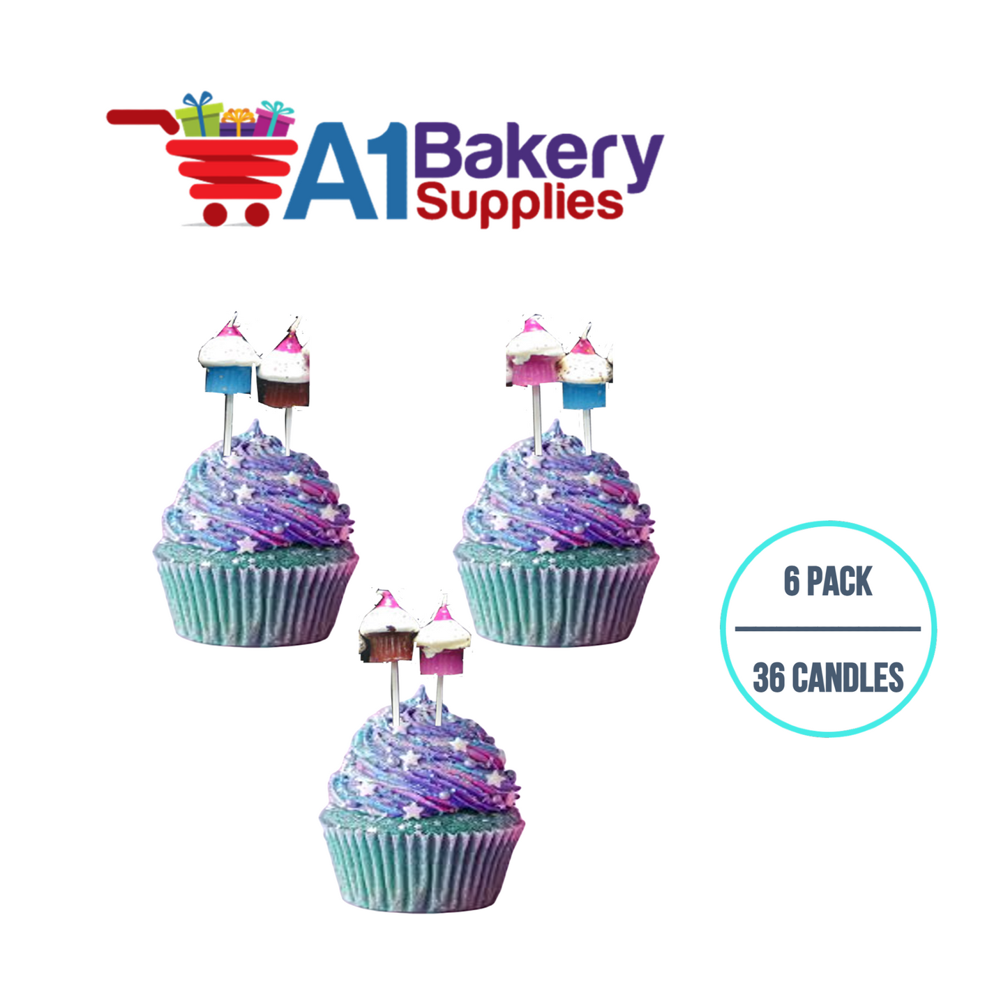 A1BakerySupplies Cupcake Candle Sets 6 pack for Birthday Cake Decorations and Anniversary