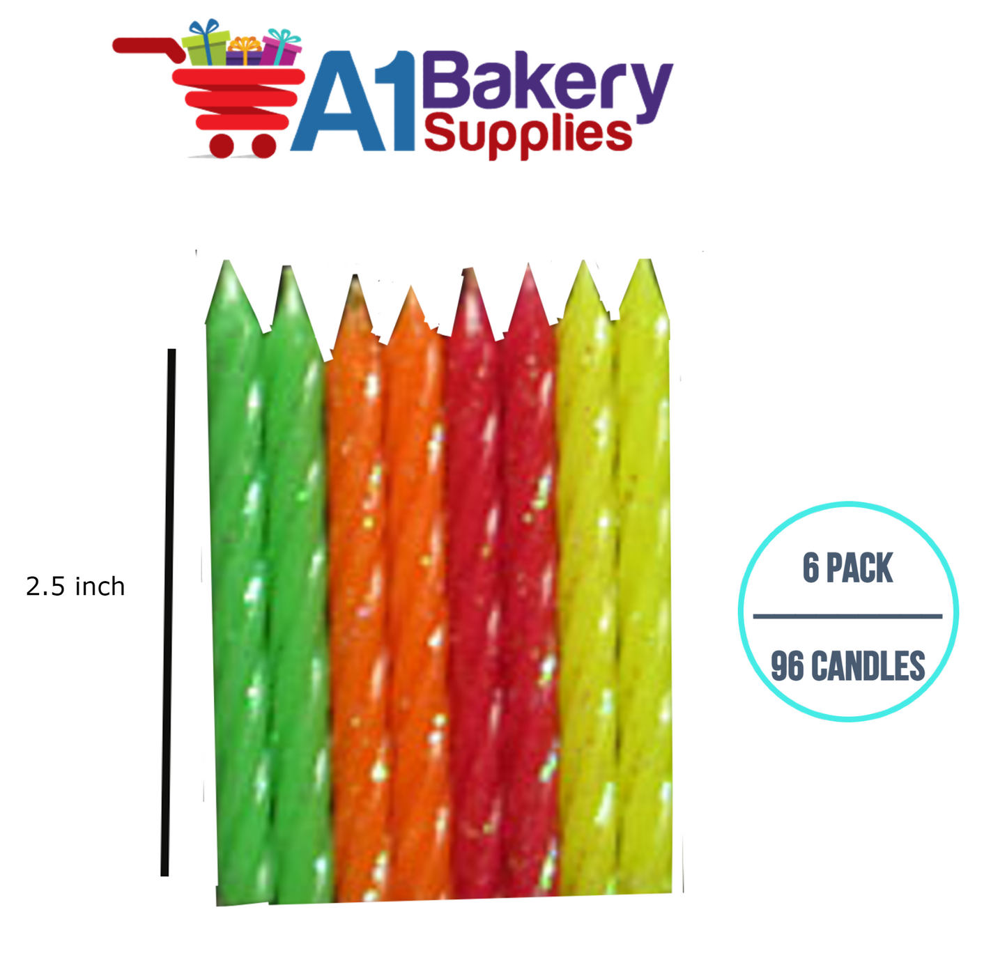 A1BakerySupplies Glitter Candles - Neon Asst 6 pack for Birthday Cake Decorations and Anniversary