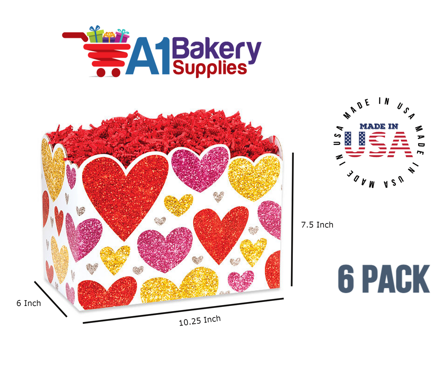 Glittering Hearts Basket Box, Theme Gift Box, Large 10.25 (Length) x 6 (Width) x 7.5 (Height), 6 Pack