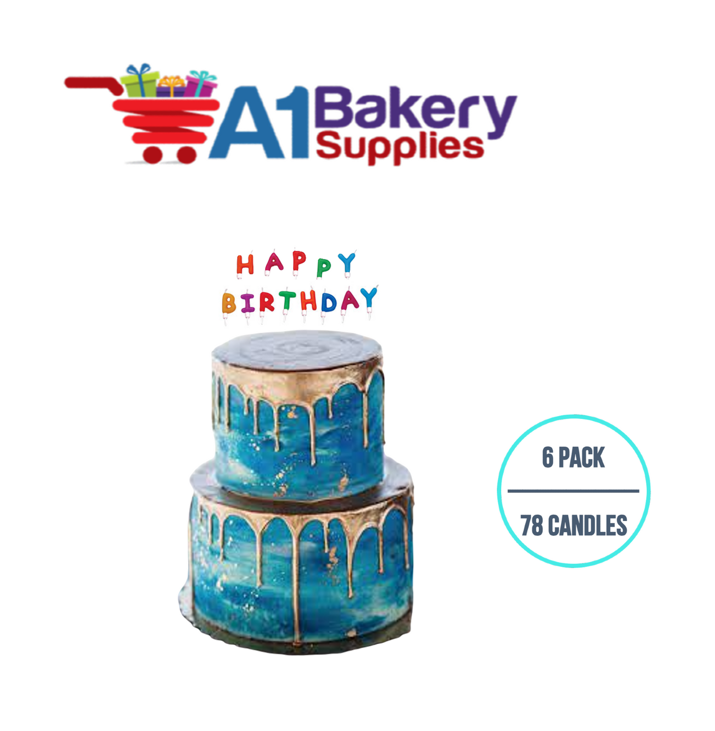 A1BakerySupplies Happy Birthday Message Candles 6 pack for Birthday Cake Decorations and Anniversary