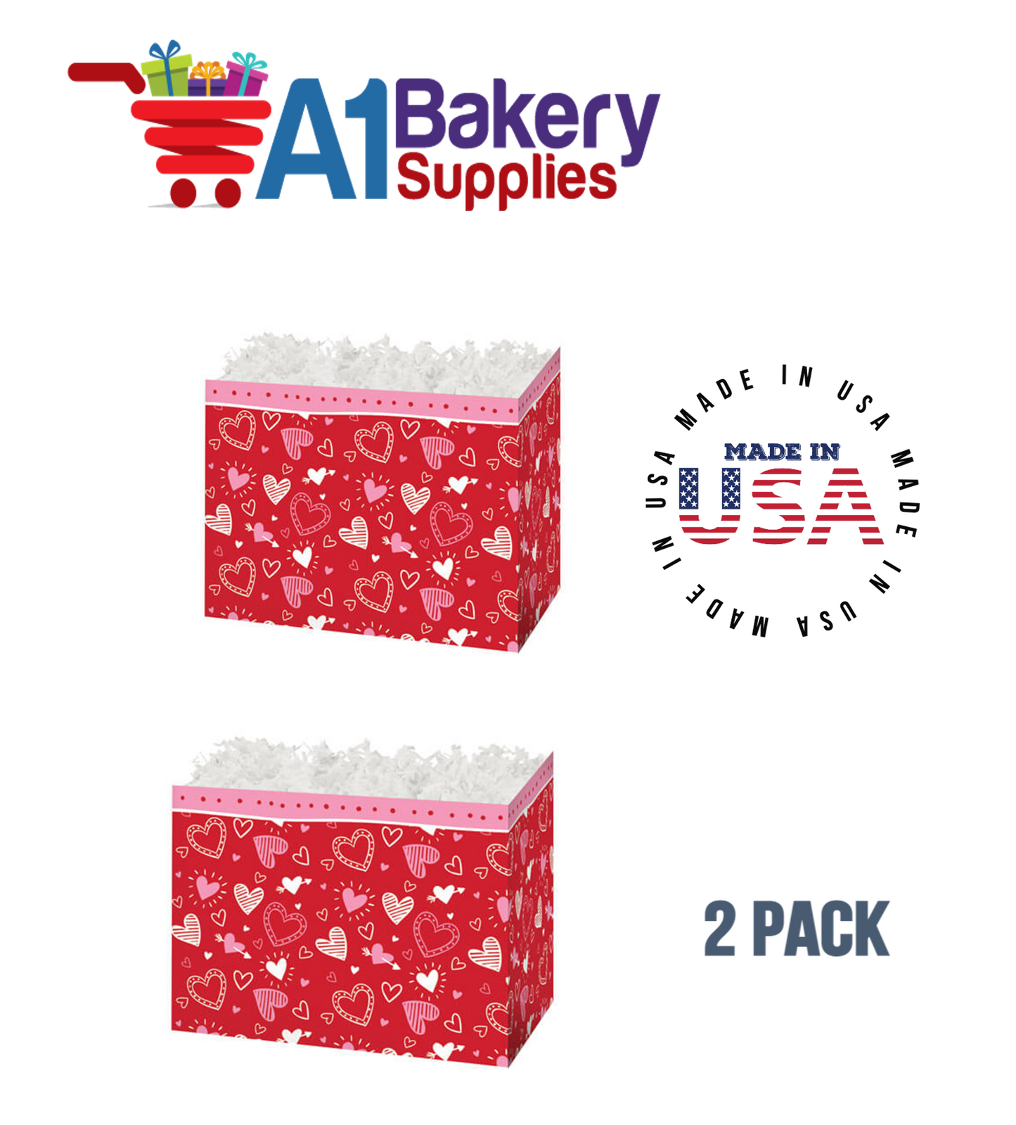 Happy Hearts Basket Box, Theme Gift Box, Large 10.25 (Length) x 6 (Width) x 7.5 (Height), 2 Pack